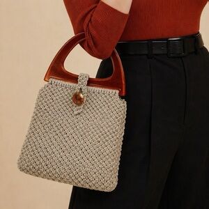 Woven Handheld Tote Bag with Wood Handle - Cream
